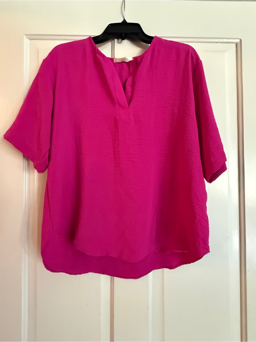 Bright Pink Women's V-Neck Oversized Short Sleeve Top